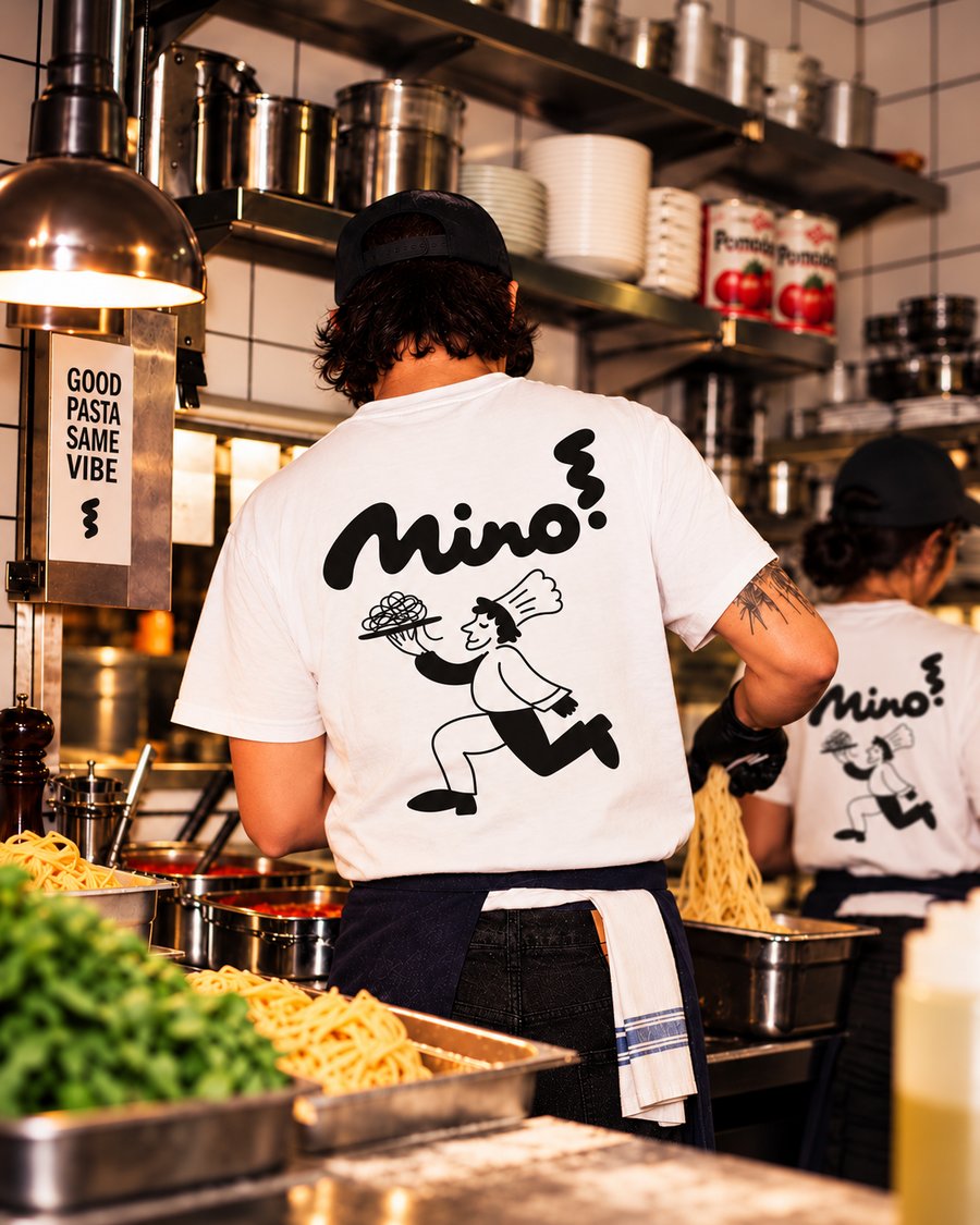 Mino pasta kitchen staff wearing branded logo t-shirts