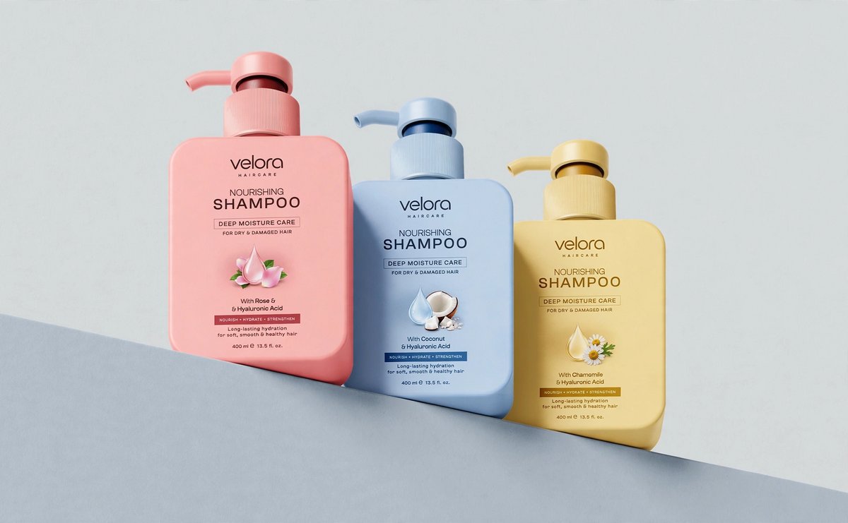 velora HAIRCARE nourishing shampoo bottles in three scents
