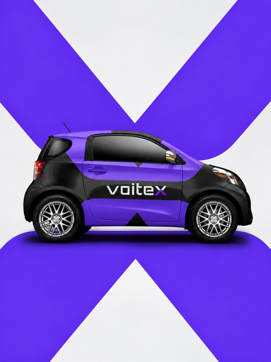 Voitex car branding — purple and black wrapped car with voitex logo against a split purple backdrop
