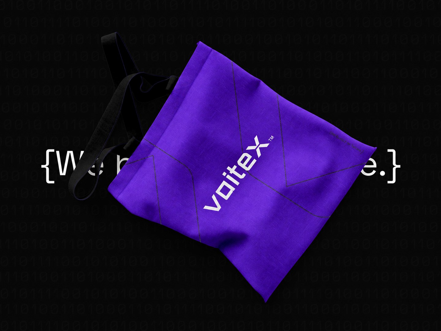Voitex brand positioning on a purple tote bag against a binary-code backdrop