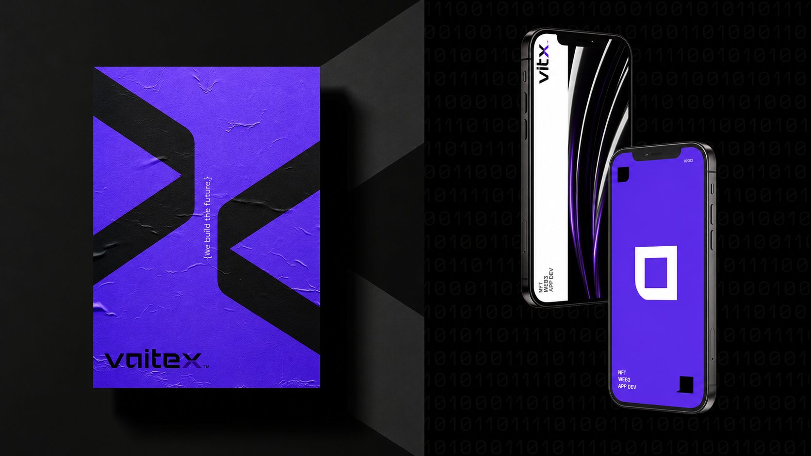 Voitex poster and smartphone mockups — brand artwork applied across print and digital