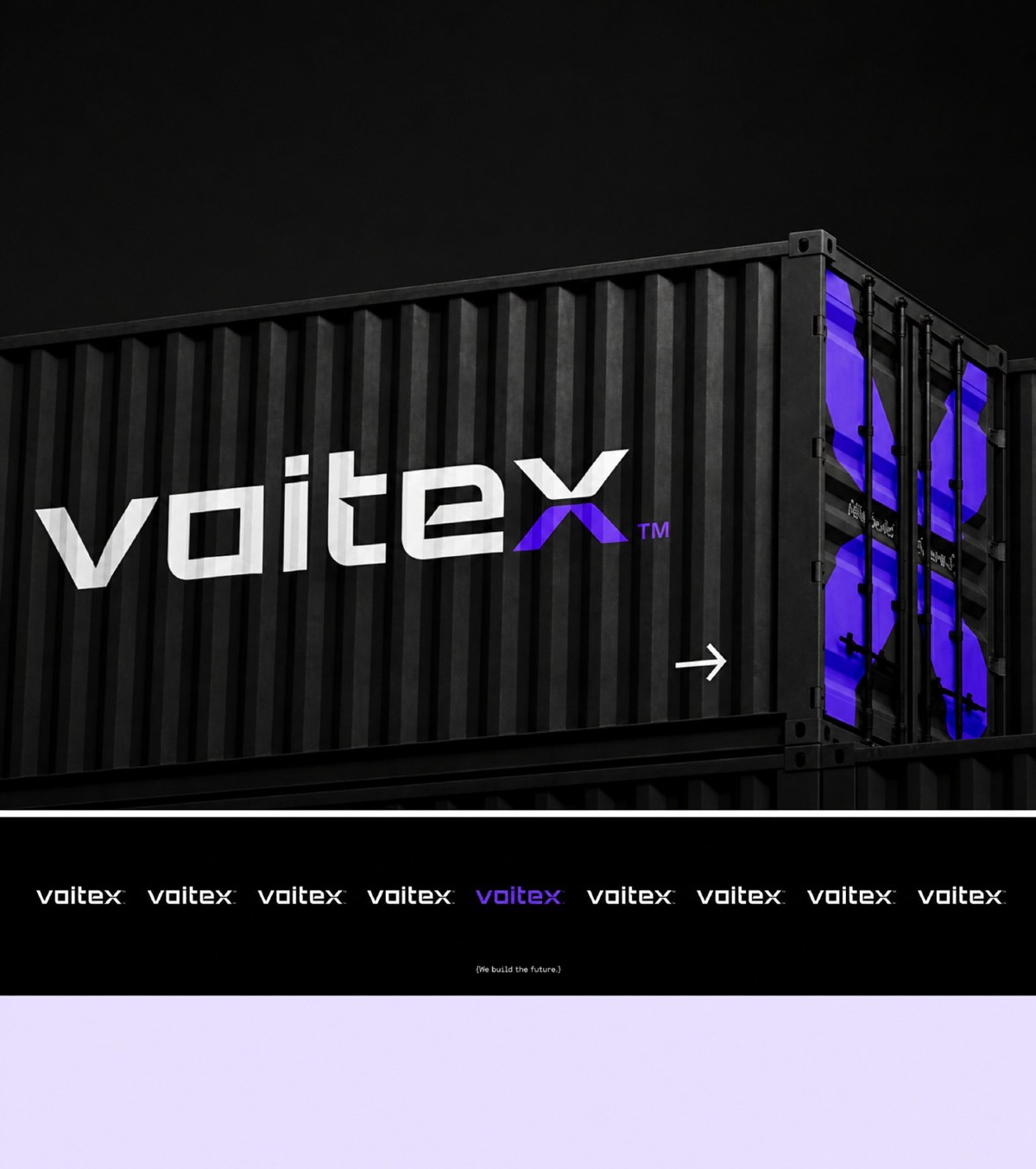 Voitex brand identity cover — black container mockup with voitex logo and tagline We build the future